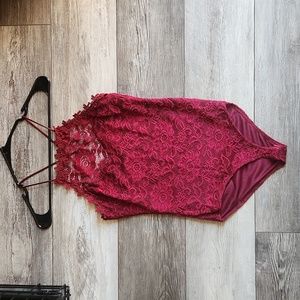 Charlotte Russe Burgundy Lace Cross-Back Bodysuit